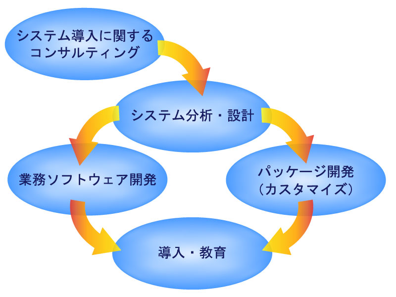 システム導入に関するコンサルティング：システム分析・設計：パッケージ開発（カスタマイズ）：業務ソフトウェア開発：導入・教育